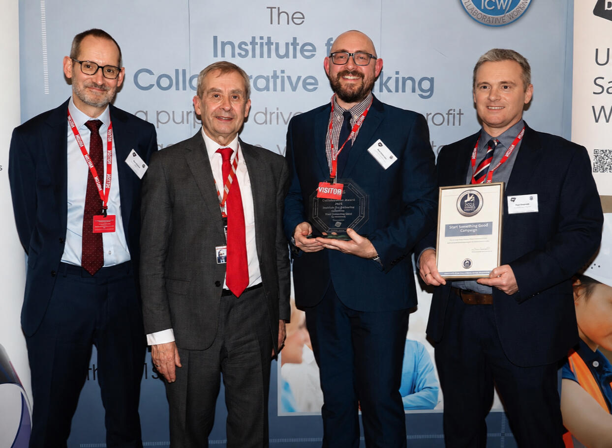 Start Something Good receiving the 2025 Industry to Industry award from Lord Everton and the Institute for Collaborative Working Start Something Good receiving the 2025 Industry to Industry award from Lord Everton and the Institute for Collaborative Working